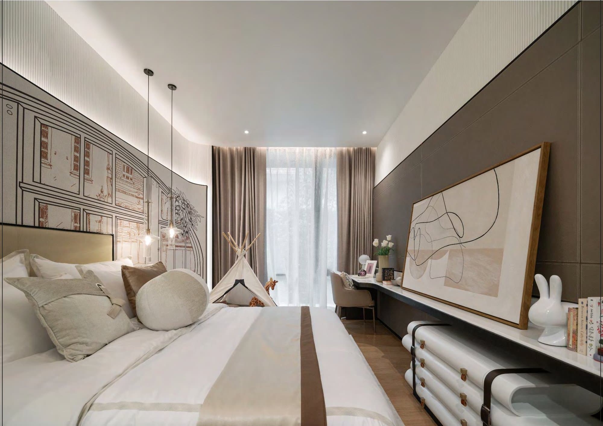 Bedroom with a line-drawn architectural mural headboard, pale linens, glass pendant lamps, a child's teepee and a slim writing desk.
