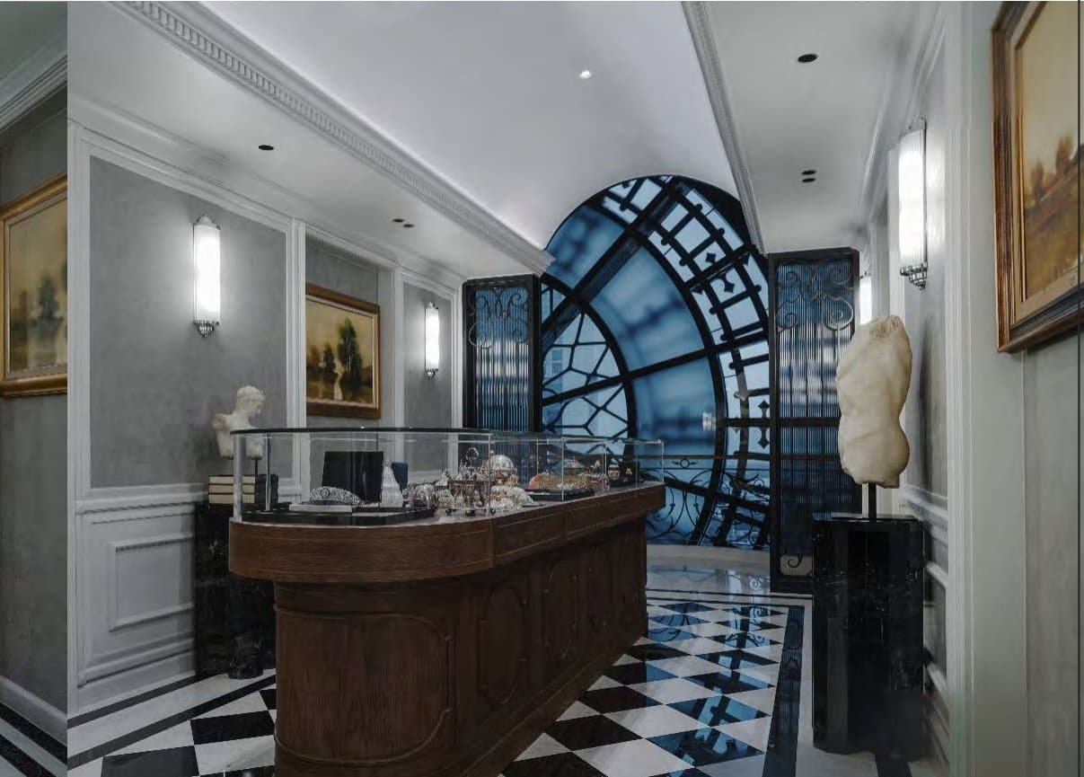 Marble gallery with black-and-white checkered floor, a glass display case, classical sculptures and the blue clock face glowing at its end.